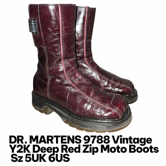 DR MARTENS 9788 4UK 6US Vintage Y2K Brick Red Patent Zip Moto Logo Boots England - Picture 1 of 16